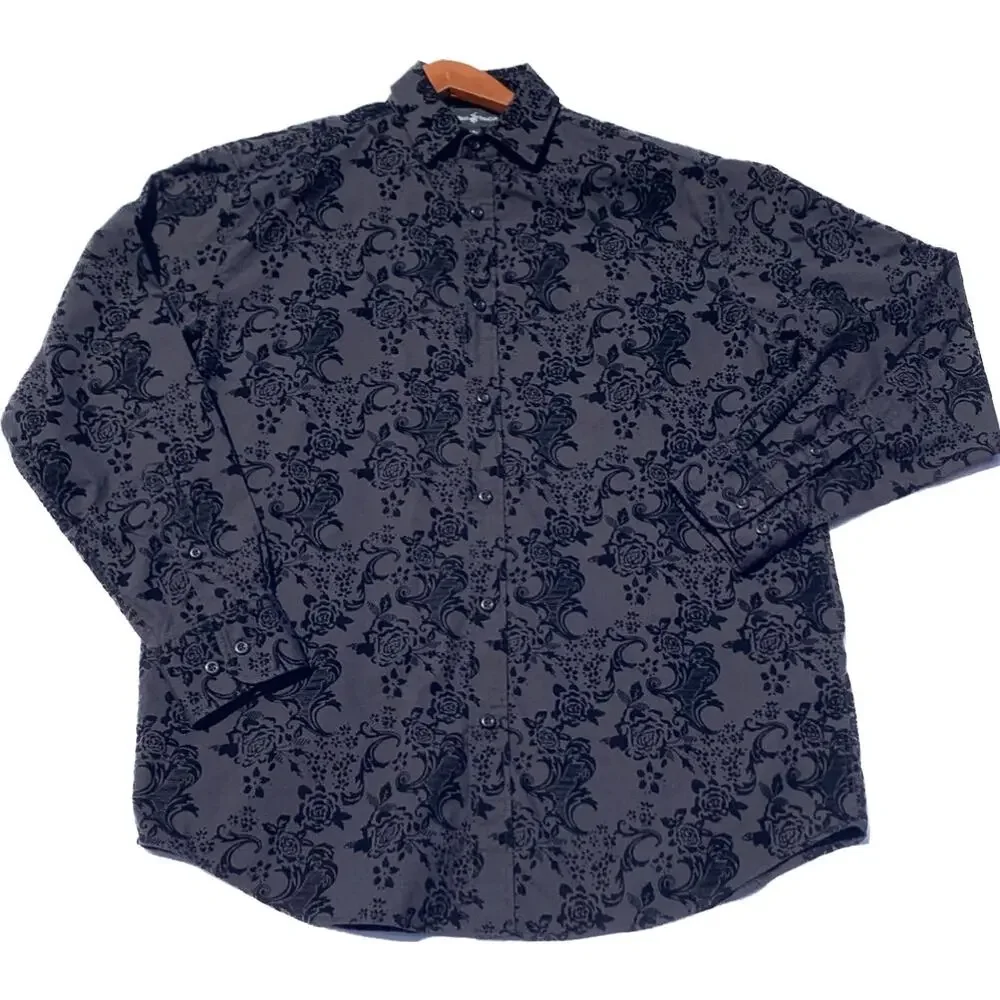 BEVERLY HILLS POLO CLUB Men’s Black Jacquard Long Sleeve Button Front Shirt Med.